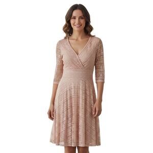 Sangria Peach Lace Fit & Flare Midi Dress V-Neck 3/4 Sleeve Size 12
